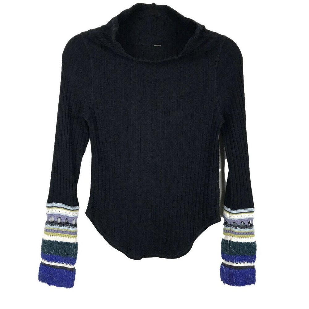 Free People Black Mixed Up Cuff Thermal Ribbed Top